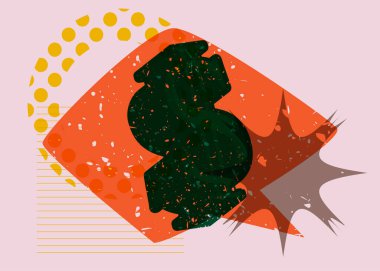 Konuşma balonu ve geometrik şekilli renkli dolar işareti. Moda riso grafik tasarımlı iş tabelası. Geometri ögeleri soyut risograf baskı desen biçimi.