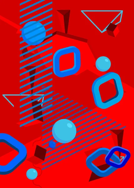 青と赤の幾何学的なグラフィックレトロテーマカバー 最小幾何学的要素ポスターデザイン ヴィンテージ抽象形状テンプレート — ストックベクタ