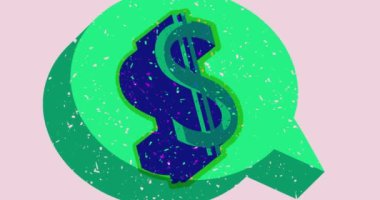 Dolar işareti ve geometrik şekilli konuşma balonu animasyon. Moda riso grafik tasarımlı nesne ile para birimi sembolü. Geometri ögeleri soyut risograf tarzı video.