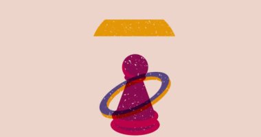 Renkli piyon, geometrik şekilli satranç taşı animasyon. Moda riso grafik tasarımlı nesne. Geometri ögeleri soyut risograf tarzı video.