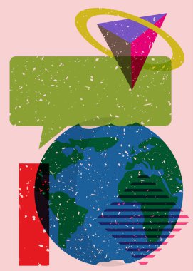 Dünya gezegeni ve renkli geometrik şekilli konuşma balonu. Moda riso grafik tasarımlı nesne. Geometri ögeleri soyut risograf baskı desen biçimi.