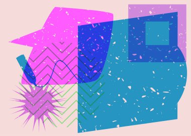 Konuşma baloncuklu mezuniyet şapkası ve renkli geometrik şekiller. Moda riso grafik tasarımında eğitim kavramı. Geometri ögeleri soyut risograf baskı desen biçimi.