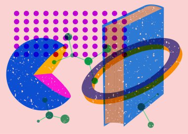 Kitap ve renkli geometrik şekiller. Eğitici Nesne, son moda riso grafik tasarımı. Geometri ögeleri soyut risograf baskı desen biçimi.