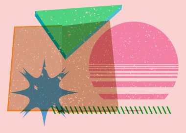 Kitap ve renkli geometrik şekiller. Eğitici Nesne, son moda riso grafik tasarımı. Geometri ögeleri soyut risograf baskı desen biçimi.