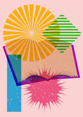 Kitap ve renkli geometrik şekiller. Eğitici Nesne, son moda riso grafik tasarımı. Geometri ögeleri soyut risograf baskı desen biçimi.