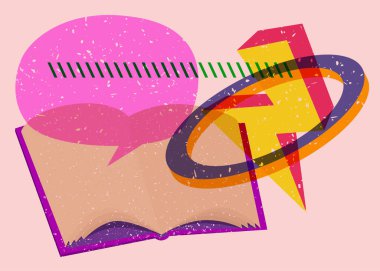 Konuşma baloncuklu ve renkli geometrik şekilli bir kitap. Eğitici Nesne, son moda riso grafik tasarımı. Geometri ögeleri soyut risograf baskı desen biçimi.