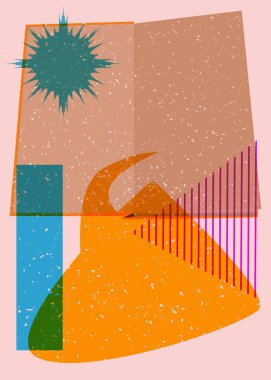 Konuşma baloncuklu ve renkli geometrik şekilli bir kitap. Eğitici Nesne, son moda riso grafik tasarımı. Geometri ögeleri soyut risograf baskı desen biçimi.