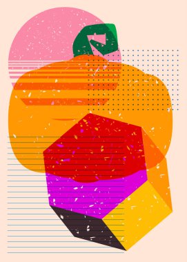 Renkli geometrik şekilli balkabağı. Soyut tatil, hasat modası geçmiş riso grafik tasarımı. Geometri ögeleri soyut risograf baskı desen biçimi.