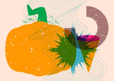 Renkli geometrik şekilli balkabağı. Soyut tatil, hasat modası geçmiş riso grafik tasarımı. Geometri ögeleri soyut risograf baskı desen biçimi.