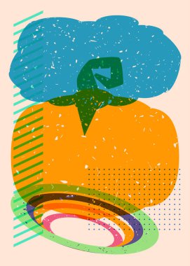 Konuşma baloncuklu balkabağı ve moda riso grafik tasarımlı renkli geometrik şekiller. Geometri ögeleri soyut risograf baskı desen biçimi.