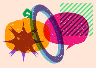 Konuşma baloncuklu balkabağı ve moda riso grafik tasarımlı renkli geometrik şekiller. Geometri ögeleri soyut risograf baskı desen biçimi.