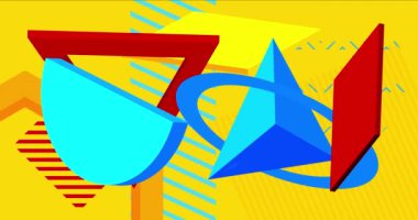 Kırmızı, mavi ve sarı geometrik şekilli arka plan video şablonu. Soyut tasarım. Basit hareket eden geometrik vintage minimal grafik çizgi film hareketi. Geçmiş tema arkaplanı.
