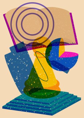 Satranç piyonu, kitap, mezuniyet şapkası ve geometrik şekilli Risograph To School konsepti sanatı. Trend riso grafik tasarımında eğitim geçmişi.