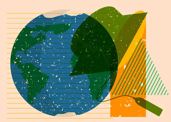 Dünya küresi ve renkli geometrik şekilli mezuniyet şapkası. Akademik Eğitimsel trend riso grafik tasarımı. Geometri ögeleri, risograph baskı desen biçimi.