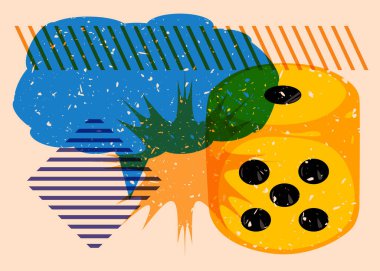 Konuşma baloncuklu ve geometrik şekilli zar. Moda riso grafik tasarımında şans kavramı. Geometri ögeleri soyut risograf baskı desen biçimi.