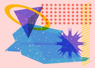 Renkli geometrik şekilli kağıttan uçak. Moda riso grafik tasarımlı nesne. Geometri ögeleri soyut risograf baskı desen biçimi.