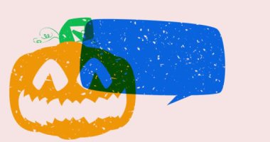 Cadılar Bayramı 'nda Jack O' Lantern, konuşma balonu ve geometrik şekiller animasyon. Tatil modası riso grafik tasarımı. Geometri ögeleri soyut risograf baskı desen tarzı video.