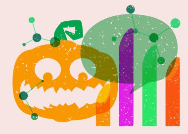 Cadılar Bayramı riso grafik posteri, Jack O 'Lantern, konuşma balonu ve geometrik şekiller. Soyut tatil teması. Geometri ögeleri soyut risograf baskı desen biçimi.