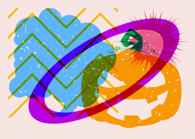 Cadılar Bayramı riso grafik posteri, Jack O 'Lantern, konuşma balonu ve geometrik şekiller. Soyut tatil teması. Geometri ögeleri soyut risograf baskı desen biçimi.