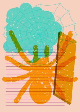 Örümcek ve örümcek ağı, konuşma baloncuğu ve geometrik şekilli. Cadılar Bayramı için son moda riso grafik tasarımı. Geometri ögeleri soyut risograf baskı desen biçimi.