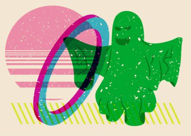 Geometrik şekilli bir cadılar bayramı hayaleti. Moda riso grafik tasarımı tatili. Geometri elemanları ve soyut desen biçimine sahip ürkütücü paranormal varlık.