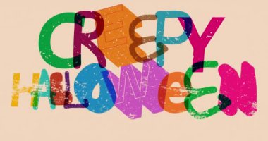 Geometrik şekilli ürkünç Cadılar Bayramı kelimesi animasyonu canlandırıyor. Moda riso grafik tasarımında tatil.