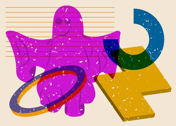 Geometrik şekilli bir cadılar bayramı hayaleti. Moda riso grafik tasarımı tatili. Geometri elemanları ve soyut desen biçimine sahip ürkütücü paranormal varlık.