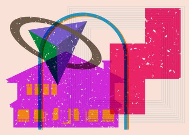 Risograph Cadılar Bayramı Terk Edilmiş Hayalet Evi ve geometrik şekiller. Moda riso grafik tasarımlı nesne. Geometri ögeleri soyut yazdırma dokusu biçimi.