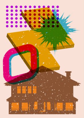 Risograph Cadılar Bayramı Terk Edilmiş Hayalet Evi ve geometrik şekiller. Moda riso grafik tasarımlı nesne. Geometri ögeleri soyut yazdırma dokusu biçimi.