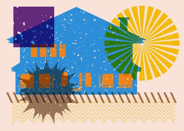 Risograph Cadılar Bayramı Terk Edilmiş Hayalet Evi ve geometrik şekiller. Moda riso grafik tasarımlı nesne. Geometri ögeleri soyut yazdırma dokusu biçimi.