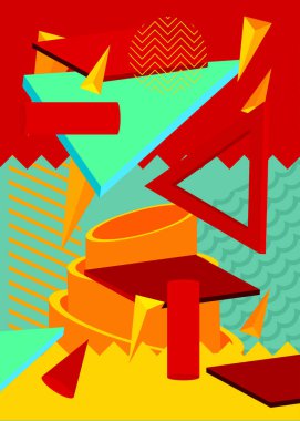 Turkuaz, kırmızı ve sarı geometrik elementler posteri. Minimum geometrik grafik şablon. Pankart için antika tema şekilleri, kapak.