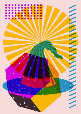 Risograph Cadılar Bayramı Cadısı Şapkası ve geometrik şekiller. Moda riso grafik tasarımında tatil.