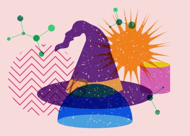 Risograph Cadılar Bayramı Cadısı Şapkası ve geometrik şekiller. Moda riso grafik tasarımında tatil.