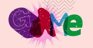 Geometrik şekilli Risograph Game kelimesi animasyon. Moda riso grafik tasarımında nesne hareket ediyor.