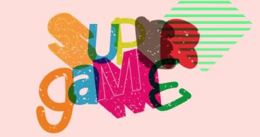 Geometrik şekilli Risograph Super Game kelimesi animasyon. Moda riso grafik tasarımında nesne hareket ediyor.