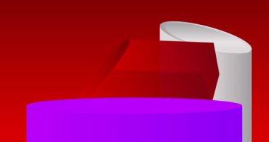 Kırmızı, mor ve beyaz sahne animasyonu. Sunum için 3D Mockup silindir kaide podyumu. Ürün ekran videosu. En küçük geometrik biçimler.