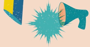 Geometrik şekilli megafon ve konuşma balonu animasyonu. Moda riso grafik biçimi videosunda nesne hareket ediyor.