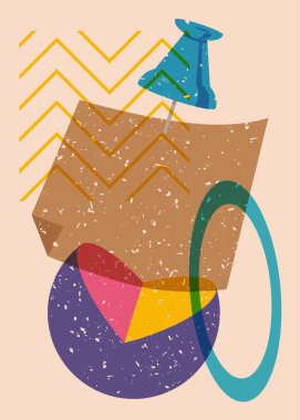 Geometrik şekilli, iğnelenmiş düğmeli Risograph not kağıdı. Moda riso grafik tasarımlı nesne. Geometri ögeleri soyut risograf baskı desen biçimi.