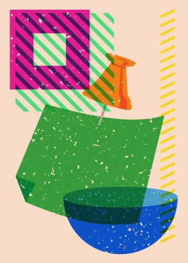 Geometrik şekilli, iğnelenmiş düğmeli Risograph not kağıdı. Moda riso grafik tasarımlı nesne. Geometri ögeleri soyut risograf baskı desen biçimi.