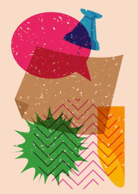 Çivilenmiş düğmeli, konuşma baloncuklu ve geometrik şekilli Risograph not kağıdı. Moda riso grafik tasarımlı nesne. Geometri ögeleri soyut risograf baskı desen biçimi.