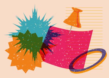 Çivilenmiş düğmeli, konuşma baloncuklu ve geometrik şekilli Risograph not kağıdı. Moda riso grafik tasarımlı nesne. Geometri ögeleri soyut risograf baskı desen biçimi.