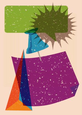 Çivilenmiş düğmeli, konuşma baloncuklu ve geometrik şekilli Risograph not kağıdı. Moda riso grafik tasarımlı nesne. Geometri ögeleri soyut risograf baskı desen biçimi.