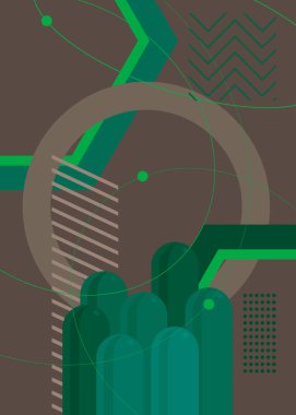 Asgari geometrik elementlerle yeşil ve gri vektör geometrik grafik retro poster teması. Klasik soyut şekiller şablonu.