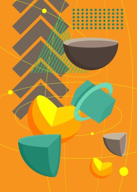 Turkuaz, sarı ve gri geometrik grafik retro temalı kapak. Minimum geometrik elementler poster tasarımı. Poster pankartı için klasik soyut şekiller şablonu.