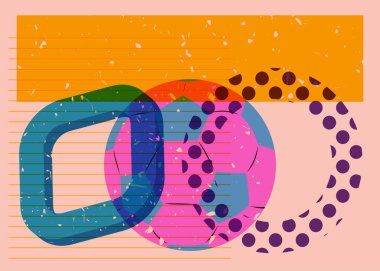 Geometrik şekilli risograph futbol topu. Moda riso grafik tasarımında spor nesnesi.