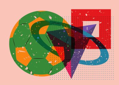Geometrik şekilli risograph futbol topu. Moda riso grafik tasarımında spor nesnesi.