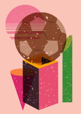 Geometrik şekilli risograph futbol topu. Moda riso grafik tasarımında spor nesnesi.