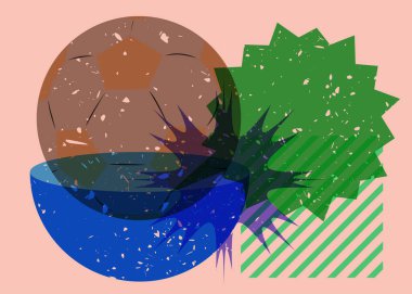 Konuşma köpüğü ve geometrik şekilli risograph futbol topu. Moda riso grafik tasarımında spor nesnesi.