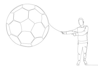 Futbolu işaret eden sürekli bir insan çizgisi. İnce Çizgi Çizimi Vektör Konsepti. Contour Yaratıcı Fikirler Çiziyor.