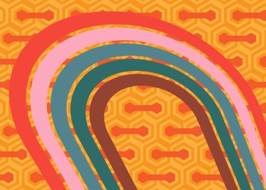 Retro 70 'lerin Arkaplanı Ayarlandı. Harika 1970 'lerin soyut sanat şablonu. Minimalist çizgili tasarım posteri. Eski moda gökkuşağı renkli sanat eserleri.